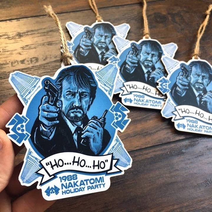 Hans Gruber Christmas Ornament - Nakatomi Holiday Party 1988 - Hand Drawn Wood Ornament for wholesale by Albright Illustration & Design