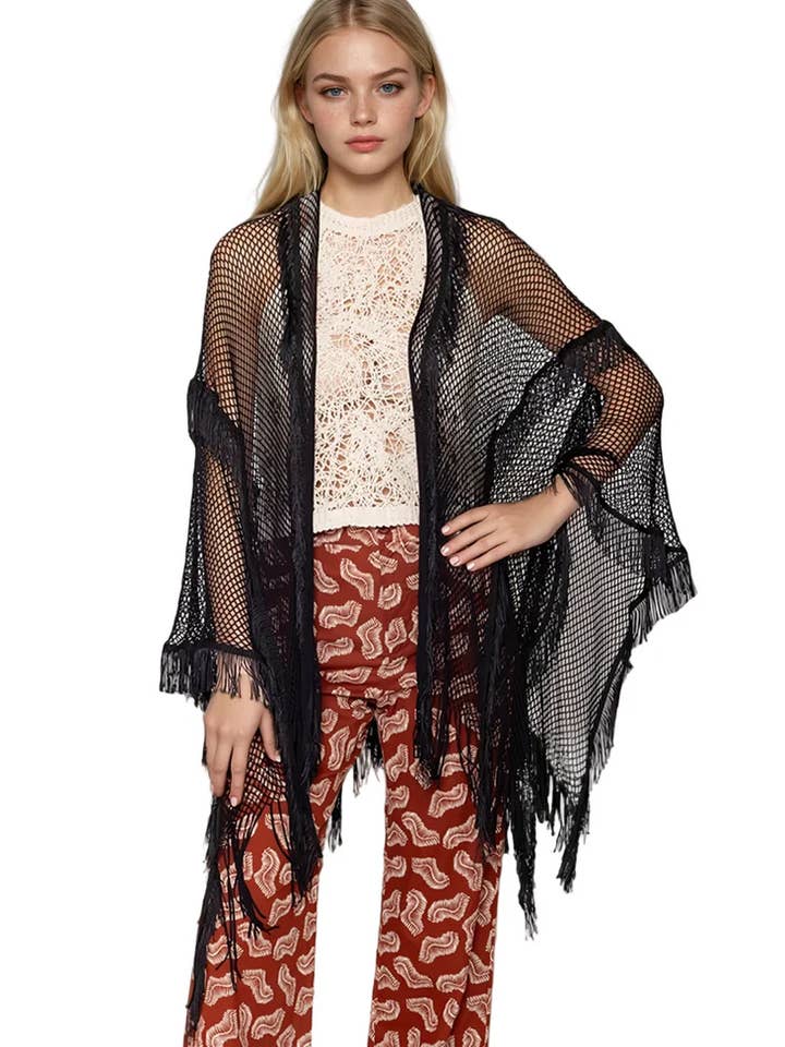 Black Fishnet Kimono with Fringe Boho Festival  for wholesale by Pretty Attitude Clothing