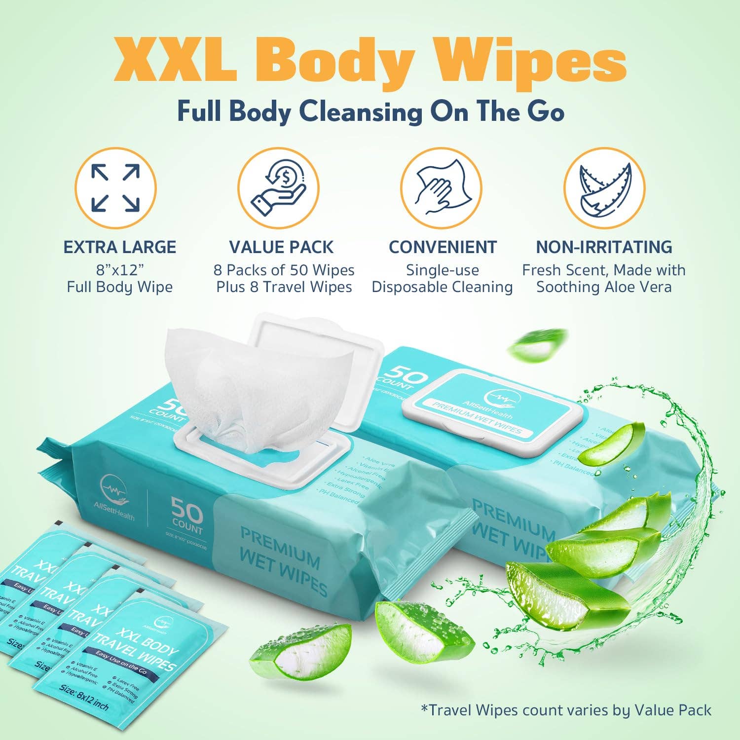 AllSett Health - Wholesale Face & Body Wipes - Body Wipes for Adults - XL Wet Wipes 8" x 12" (400 count) + 8 Travel Wipes | Rinse Free Bathing Wipes - Wash Cloths for Incontinence, Disposable Washcloths with Aloe Vera - Camping, Elderly, Bathing1