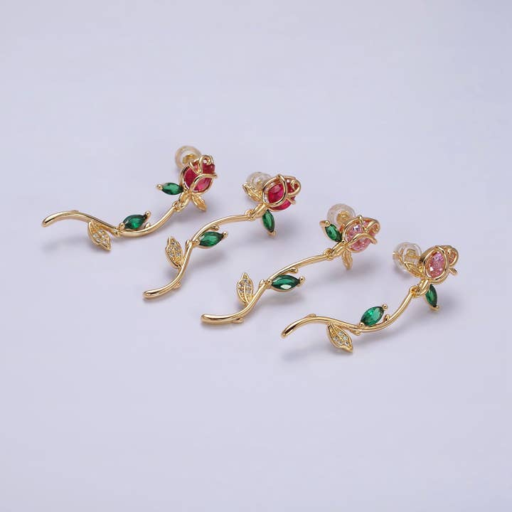Boucles d'oreilles en forme de marquise verte en forme de fleur de rose et de rose remplies d'or pour la vente par Aim Eternal