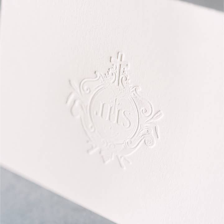 Pietà Paperie - Venta al por mayor Conjunto de papelería y tarjetas - Juego de papelería tipográfica católica IHS Jesus Crest, paquete de 5
