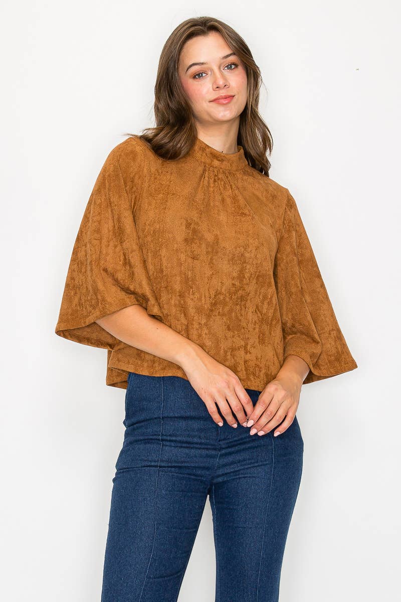 LoveWednesday - Wholesale Blouse - Women's - Bell sleeve camel suede top  - LWT1802 4
