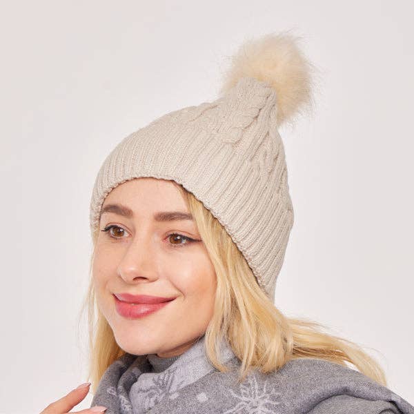 Alba Wholesale - Wholesale Beanie – Women's - Adult Cable Knitted Pom Pom Hat With Faux Fur Lining15