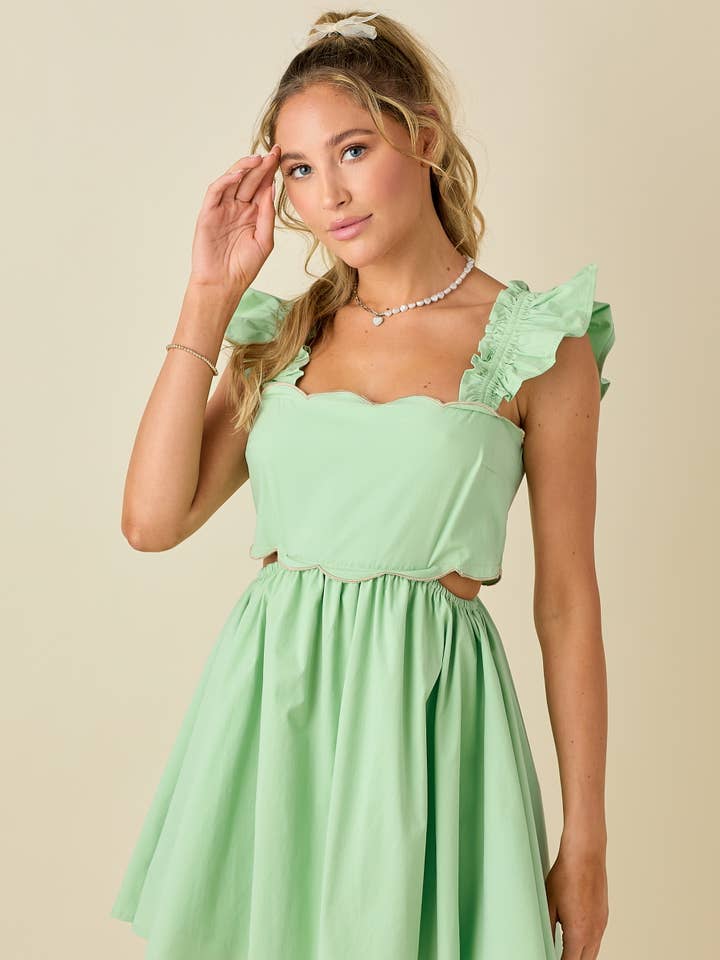 Scallop mini dress with ruffled shoulder for wholesale by BABY PINK