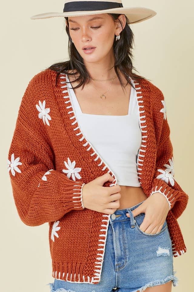 Main Strip - Wholesale Cardigan - Women's - Sweater Knit Cardigan With Flower and Embroidered
