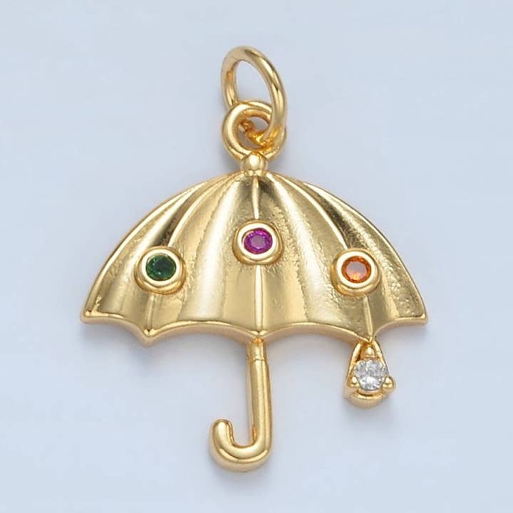 Aim Eternal - Wholesale Individual Charm/Pendant - 24K Gold Filled Multicolor Dotted CZ Rain Umbrella Weather Charm | E0620