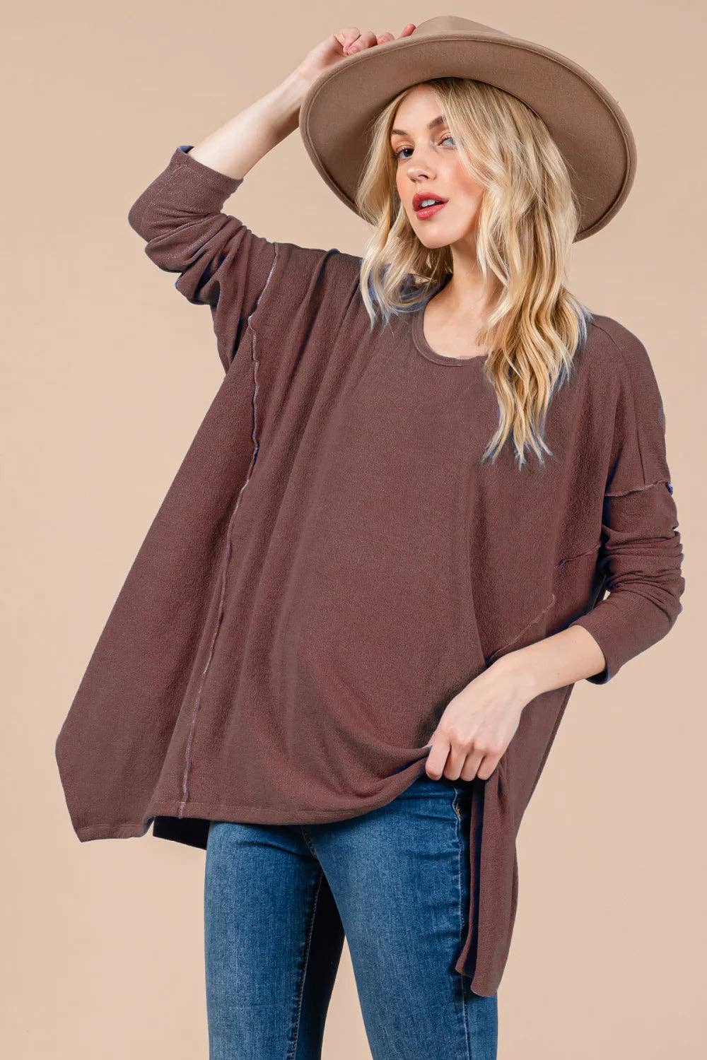 Tasha Apparel Wholesale - Wholesale Tunic Sweater - Women's - Oversized Asymmetrical Long Sleeve Relaxed Fit Cozy Sweater Top9