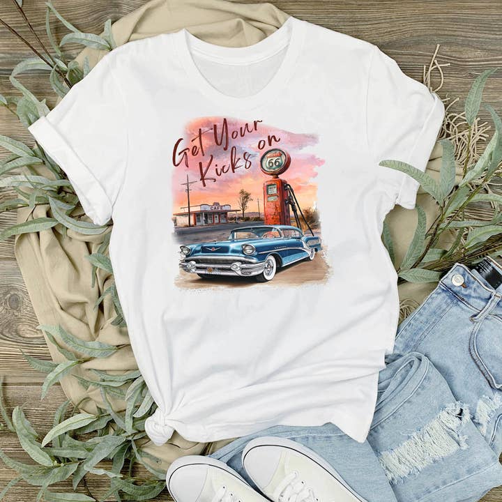 Camiseta de surtidor de gasolina Route 66 Get Your Kicks para venta al por mayor de Avery Lane Gifts
