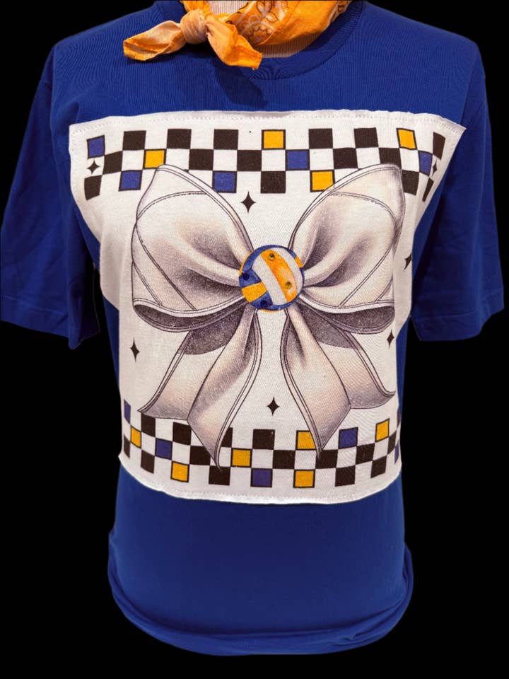 Customizable Checkered Volleyball Bow Patch on Royal Crew for wholesale by Bling-A-GoGo, LLC