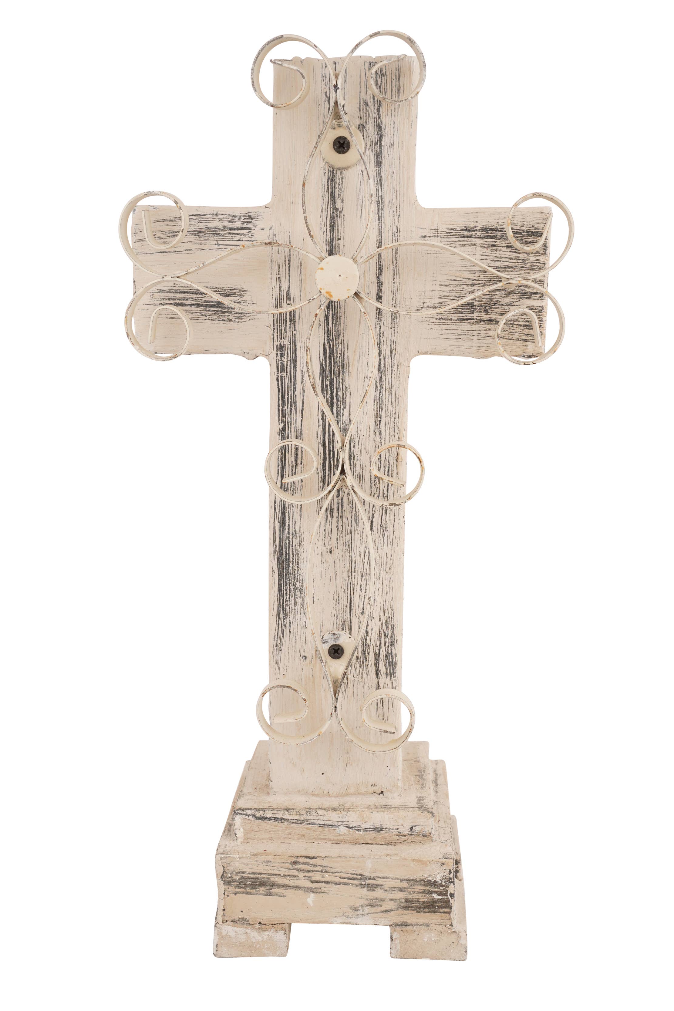 My Amigos Imports - Wholesale Decorative Tabletop Object - Laredo Pedestal Wood Cross-Farmhouse-Wood & Iron-8x17Hx4D9