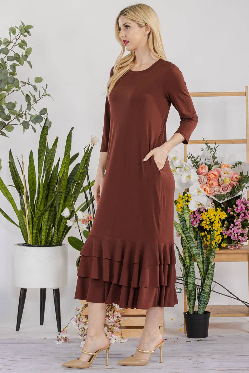 Celeste Clothing – Großhandel Kleid – Damen – Großgrößen-Midikleid mit gestuften Rüschen und 3/4-Ärmeln29