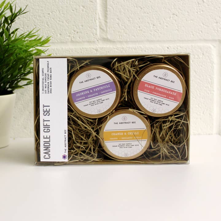 Set of three 3 Candle Gift set soy wax rose gold copper tins for wholesale by The Abstract Bee