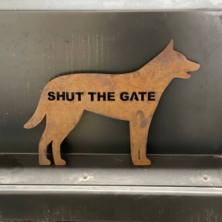 Kelpie 'Shut The Gate' - Metal Garden Art & Welcome Sign for wholesale by Precision Waterjet