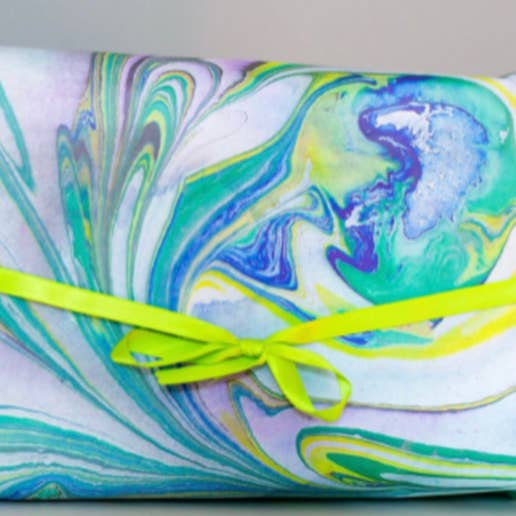 Green, blue, yellow white marbled wrapping paper sheets for wholesale by MoreyScarfeDesigns