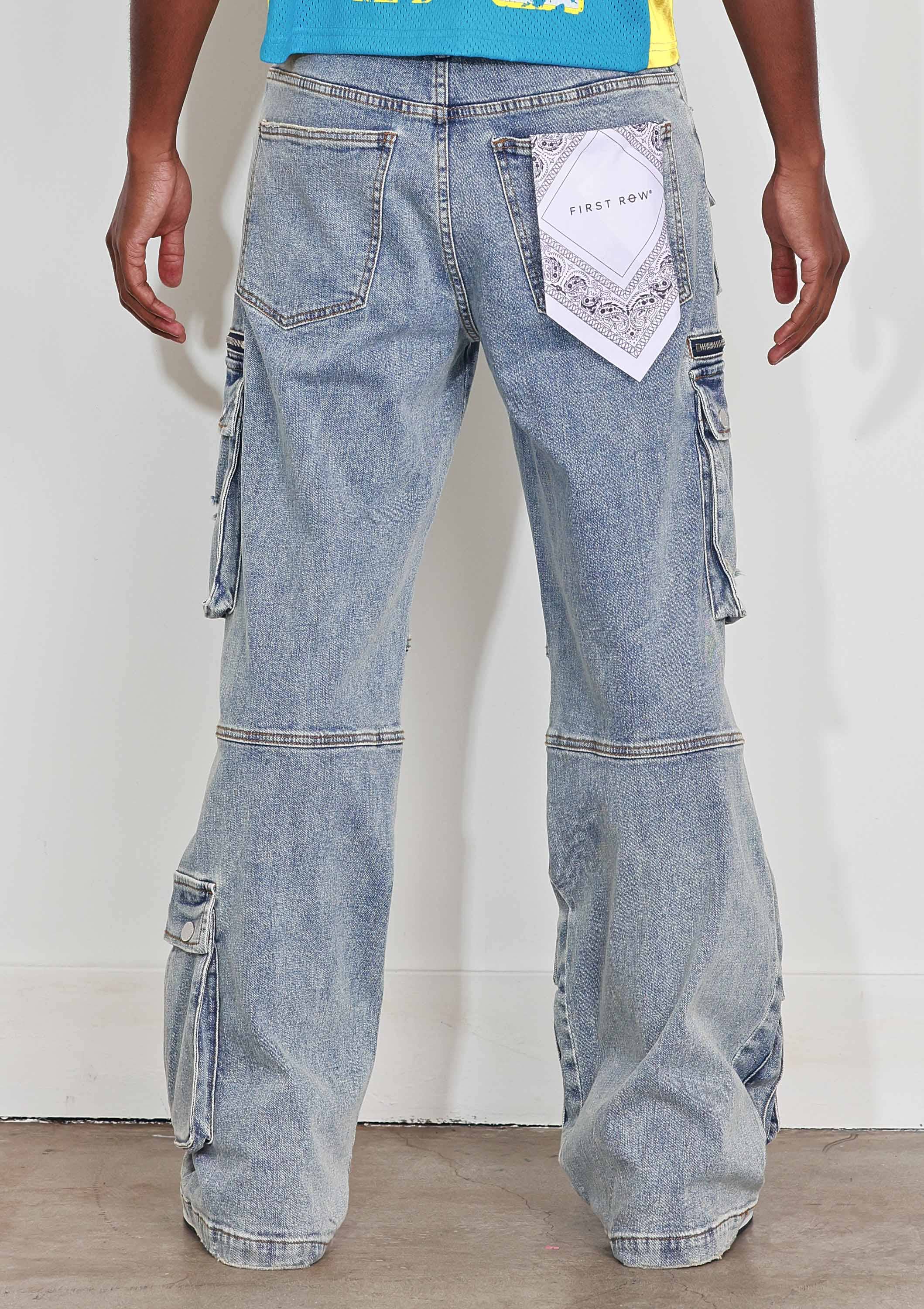 Light Stone Tint WASHED MULTI CARGO DENIM Y2K PANTS for wholesale on Faire4
