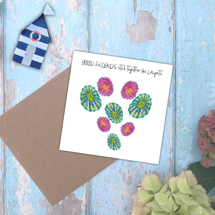 'Good friends stick together like limpets' sea shell card for wholesale by Utterly Conkers