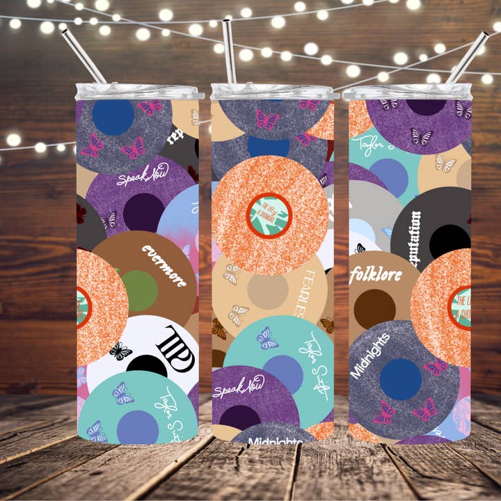 Taylor Swift Eras Vinyl Collage 20oz Skinny Tumbler for wholesale by Dogwood Graphics & Design