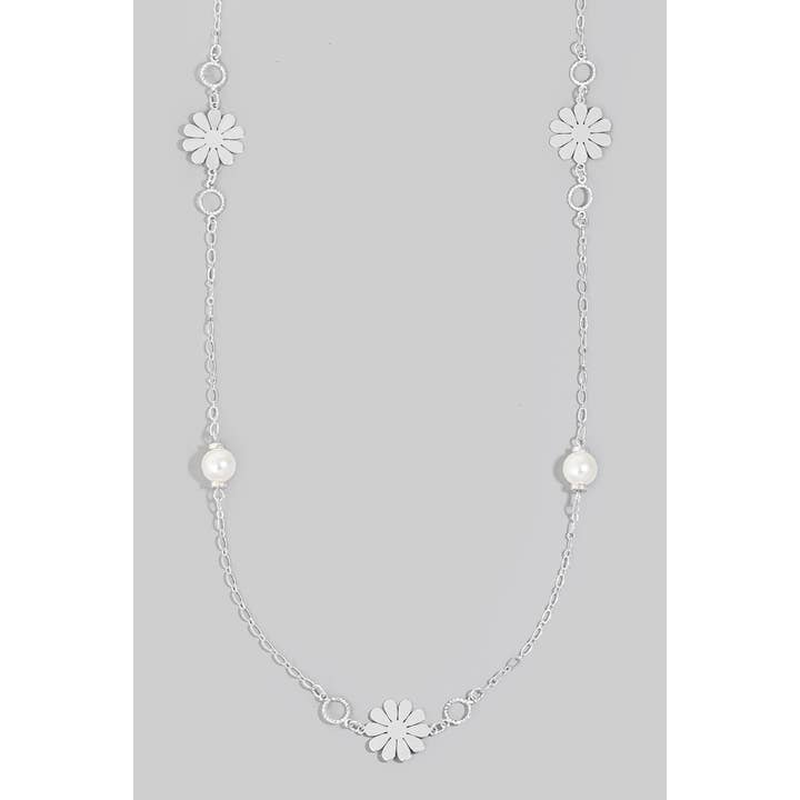 The Looks by Fame Accessories - Wholesale Pendant/Charm Necklace - Pearl And Flat Metallic Flower Station Charms Long Necklace