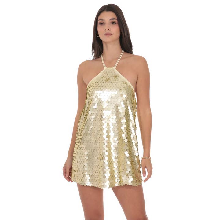 Circle Sequin Halter Shift Dress in Gold for wholesale by Lucy In The Sky