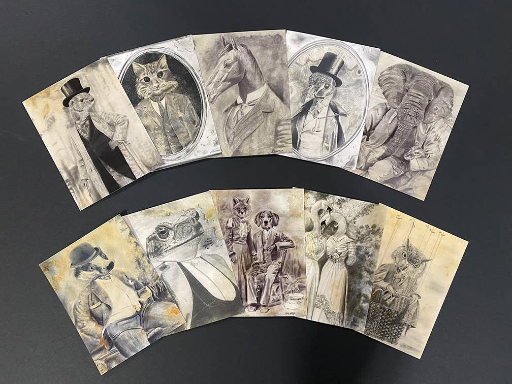 Keith Harrop - Pencil Art - Wholesale Ansichtkaartset - 10 verschillende ansichtkaarten. Set #1 Victoriaanse vintage dierenkunst1