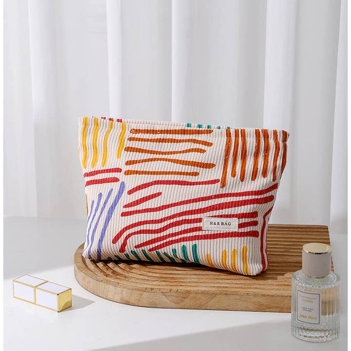 Dipped Shop - Wholesale Makeup/Cosmetic Bag - Floral Sreipe Corduroy Portable Cosmetic Bag DPB1004