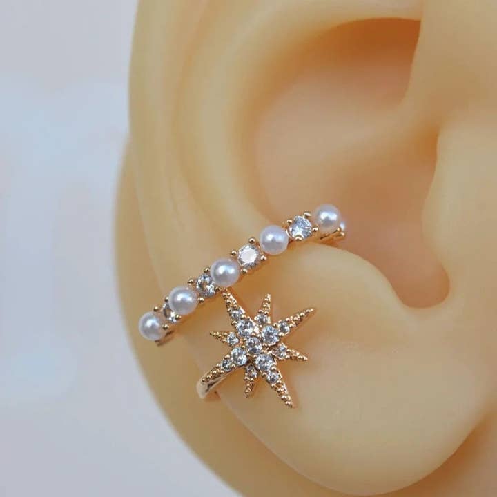 StockJWL – wholesale Cuff/wrap earrings – Mini Pearl Ear Cuff Compression Cartilage Earrings with Polar Star Detail3
