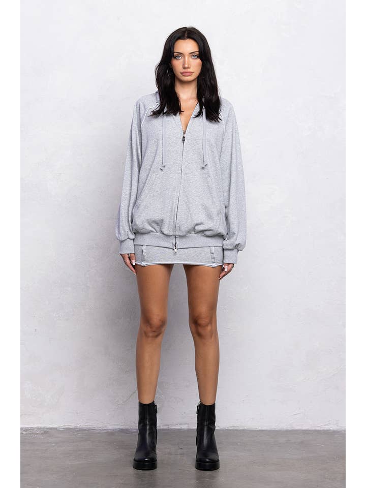 No Vacancy - Wholesale Top & Skirt Set - Women's - Raw stitch detail loose fit zip up and mini skirt set