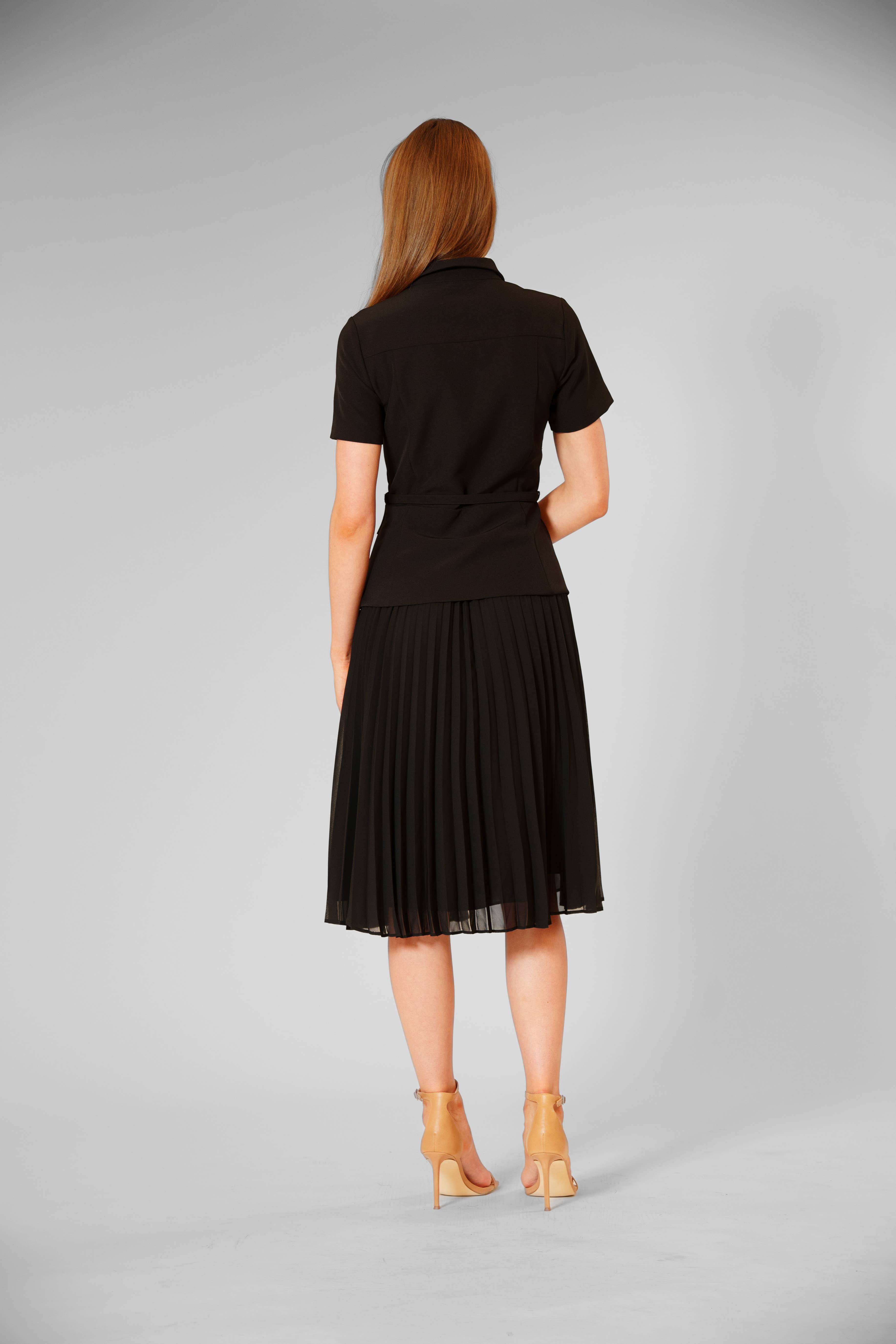 Black COLLARED MIX MEDIA PLEATED SHIRT DRESS for wholesale on Faire2
