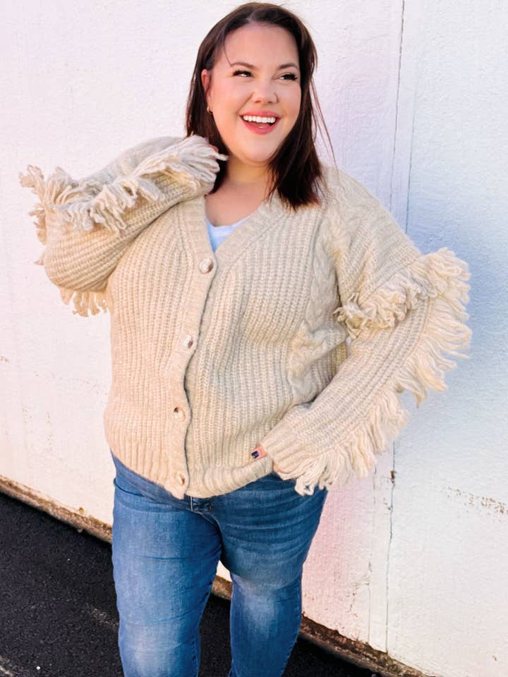 Weekend Ready Oatmeal V Neck Fringe Chunky Cable Cardigan (Open Pack) for wholesale by Promenade