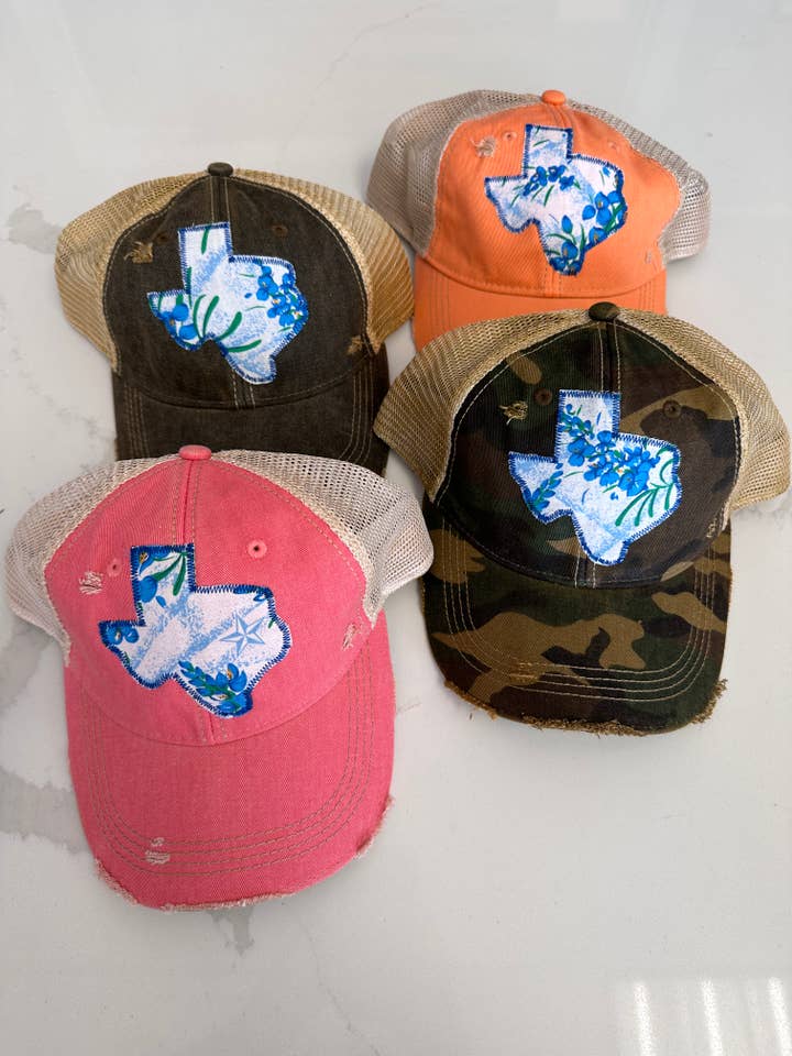 Painted Bluebonnet Dirty Trucker Hat for wholesale by Sweet Texas Treasures