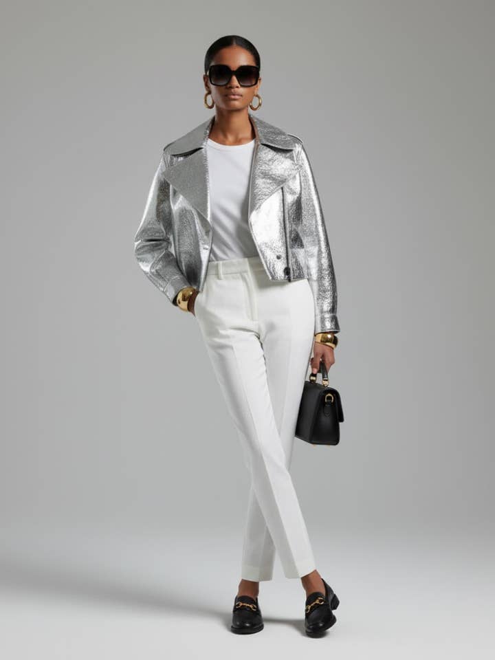 Damen Bikerjacke aus metallischem veganem Leder SILVER WALL STREET COUTURE BYMANYC ® New York für den Großhandel von BYMANYC NEW YORK