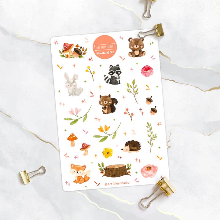 Woodland Sticker Sheet, Woodland Stickers, Planner Stickers, Bullet Journal Stickers, Forest Animals, Fox, Bear, Rabbit, Hedgehog, Mushrooms for wholesale by Art Tales Studio