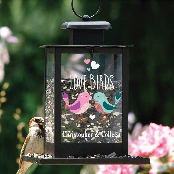 Personalized Love Birds with Hearts Bird Feeder for wholesale by Sunny Jar Personalized