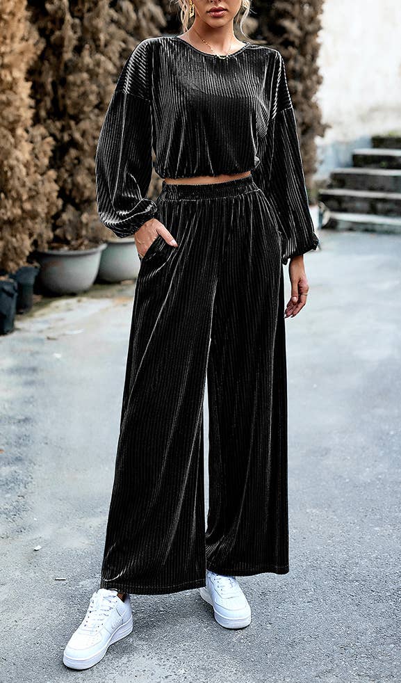 HIDDENBRAND - Wholesale Top & Pant Set (NOT Loungewear) - Women's - Women's Velvet Suit Casual Two Piece2