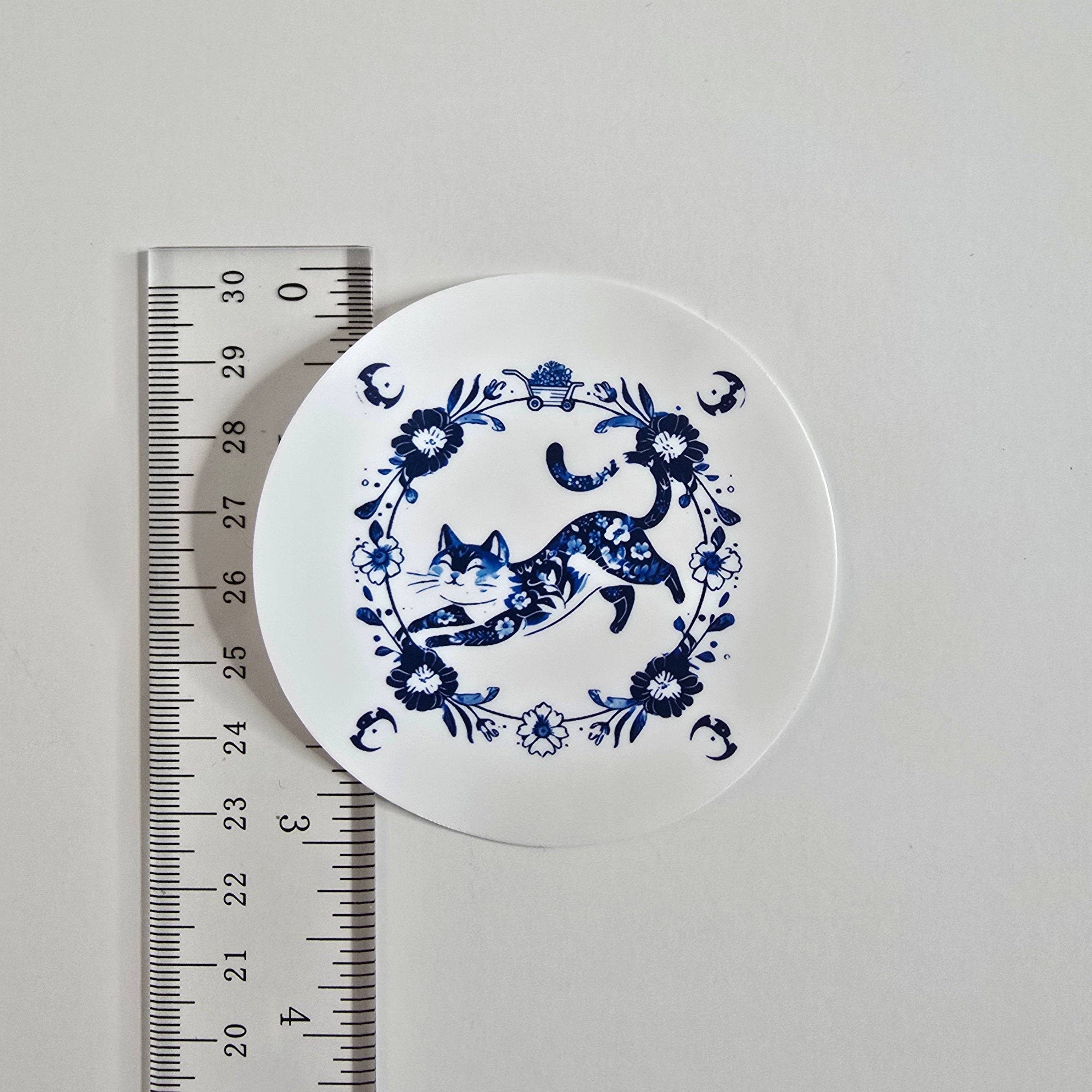 Designs by Mysh - Wholesale Sticker - Blue Floral Cat Sticker – Elegant Watercolor-Inspired Vinyl Decal (3")2