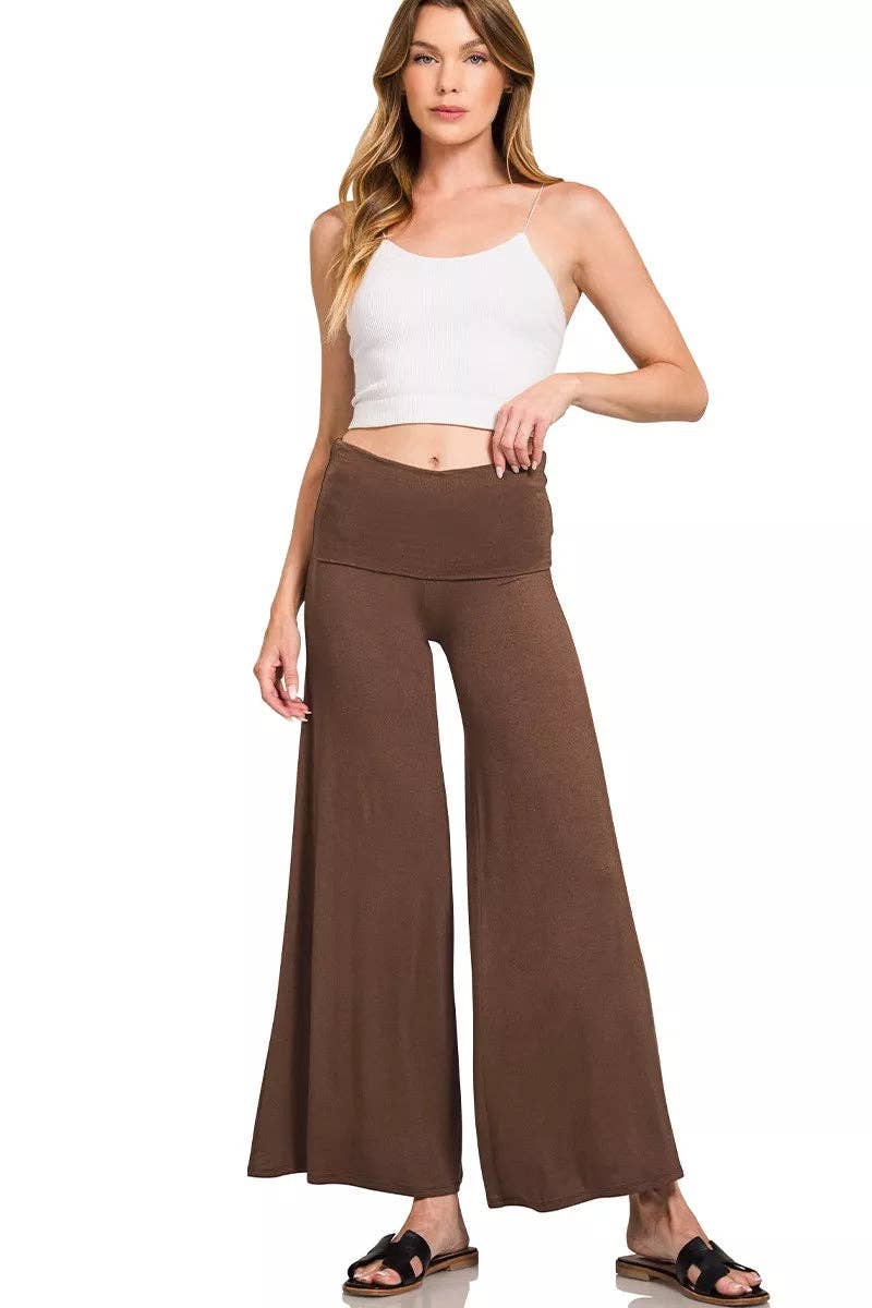 BROWN Zenana Fold Over Waist Comfy Wide Leg Pants for wholesale on Faire1
