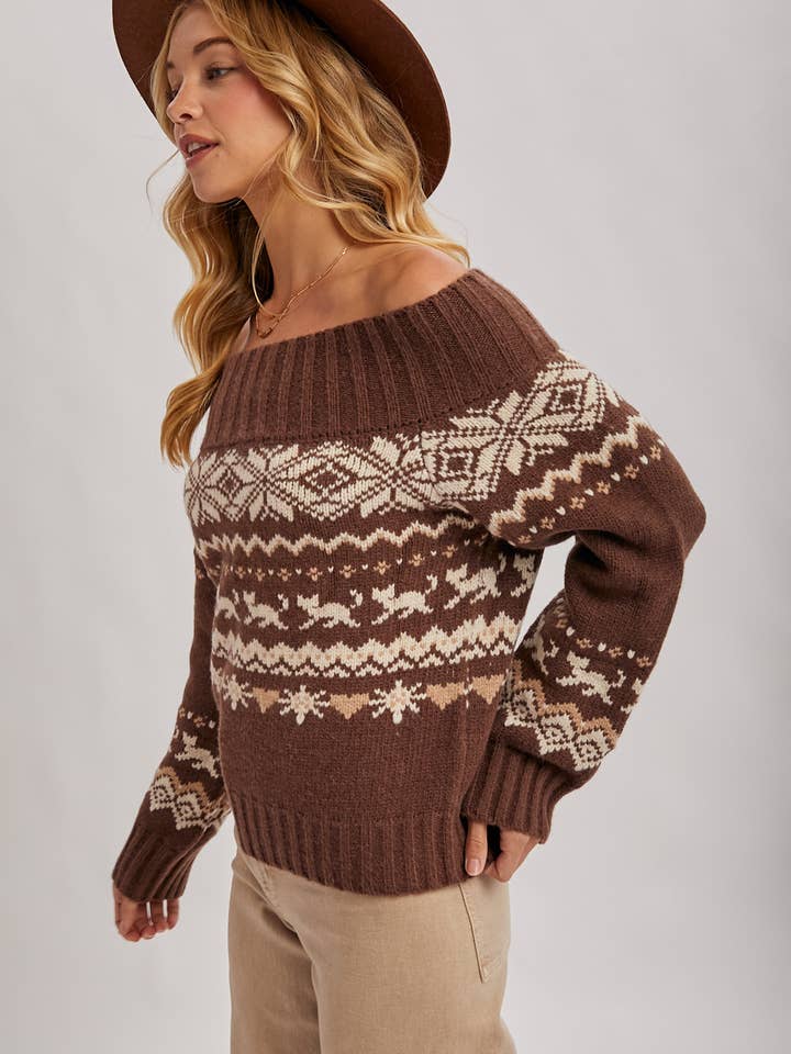Bluivy - Wholesale Knit Sweater - Women's - FAIR ISLE OFF SHOULDER KNIT SWEATER - HOLIDAY6