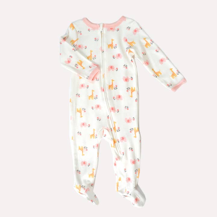 Giraffe & Flower Pattern Zipper Footie Pajamas Romper for wholesale by Lollipop Dreams