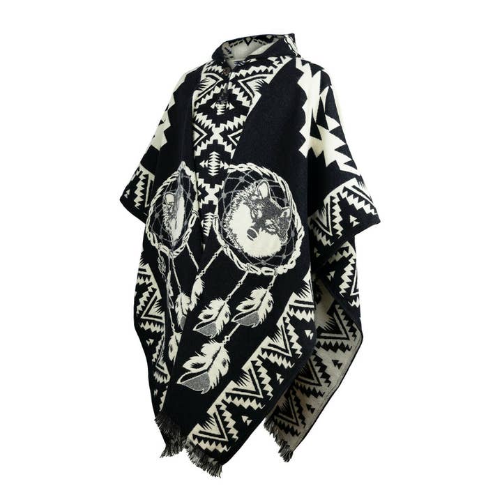 ECUALAMA – wholesale Poncho - Unisex – Lupu - Baby Alpackaull Unisex Hooded Poncho Pullover XXL - Varg mönster