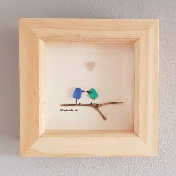 Love Birds on Branch Sea Glass Picture - Artwork for wholesale by UrchinArtworks