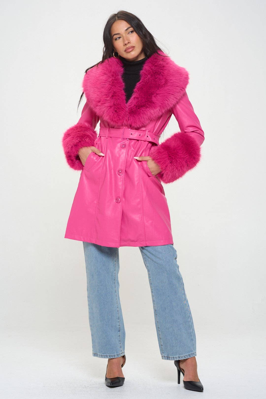 Hot Pink L414L1: Emberlong Vegan Leather Coat for wholesale on Faire0