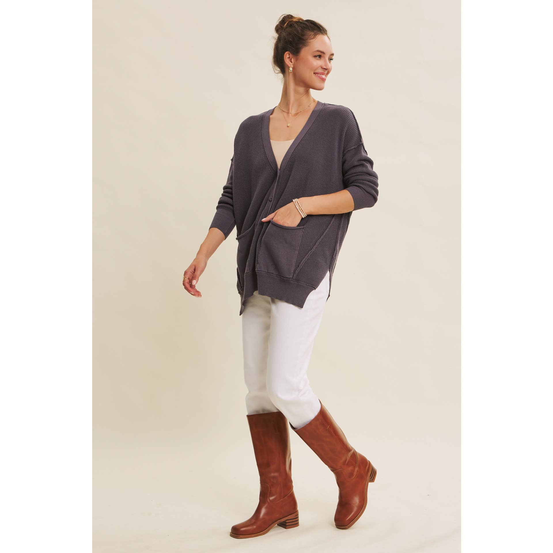 in february - Wholesale Cardigan - Women's - SLOUCHY CHARM BUTTON-DOWN CARDIGAN WITH CONTRAST WEAVE7