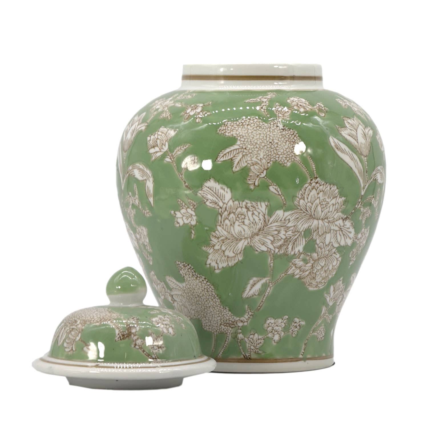Galt International Company - Wholesale Decorative Jar - Green & White  Floral Peony Ceramic Chinoiserie Jar 12"5