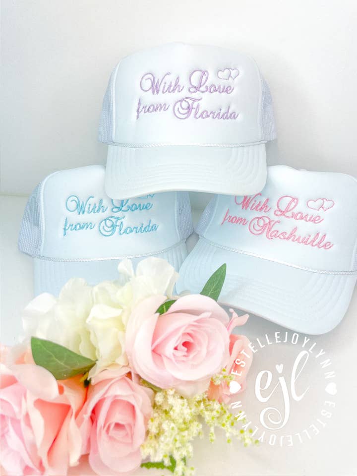 With Love from any State or City Embroidered Trucker Hats for wholesale by EstelleJoyLynn, LLC