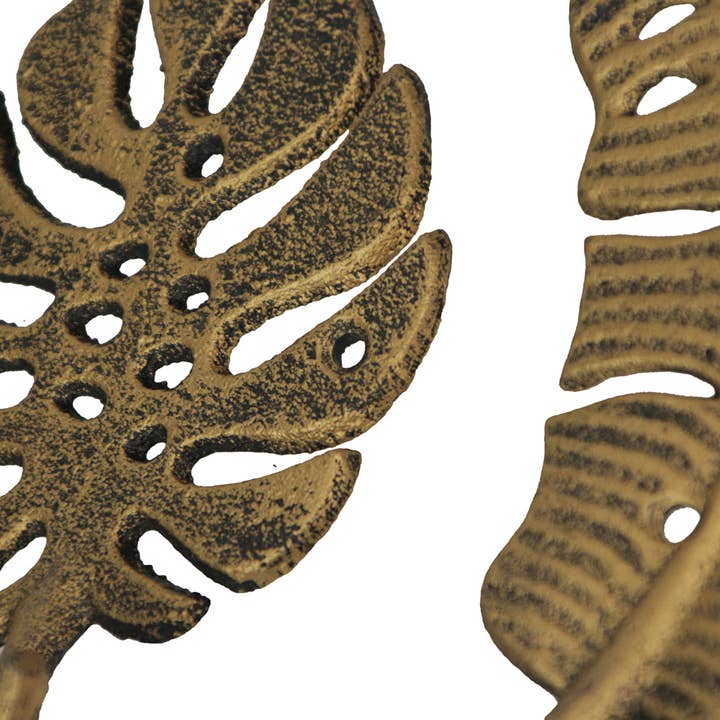 Zeckos - Wholesale Wall Hook - Set of 3 Cast Iron Tropical Leaf Wall Hooks - Gold