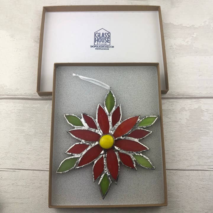 GlassHouse Design - Wholesale Ornament - Poinsettia Christmas Ornament- Stained Glass Window Decoration6