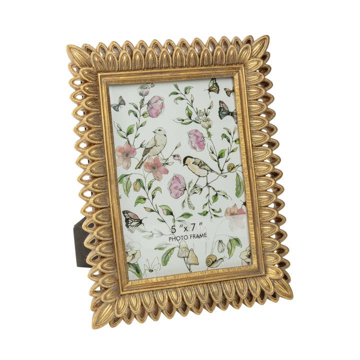 A00689: Ant gld pierce feather ptrn resin frame,5x7in for wholesale by Silver Tree Home & Holiday
