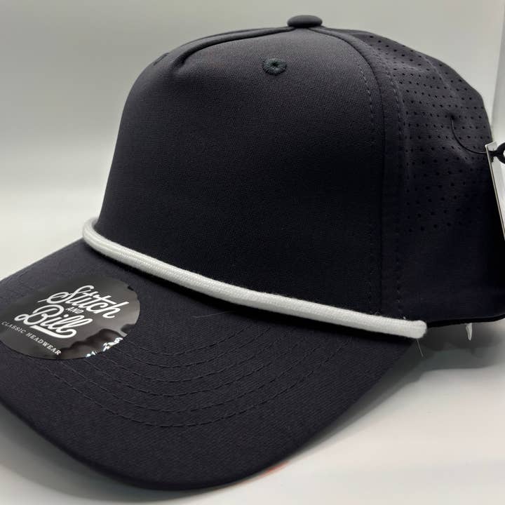 Black Performance 5 Panel Rope Baseball Cap Air Flow for wholesale by Stitch & Bill Hats