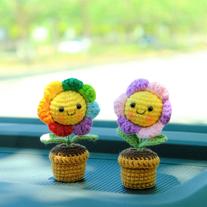 Anh2 LTD - Wholesale Car Decorative Charm - Unisex - Crochet Mini Smiley Sunflower Doll Potted Plant Car Ornament7