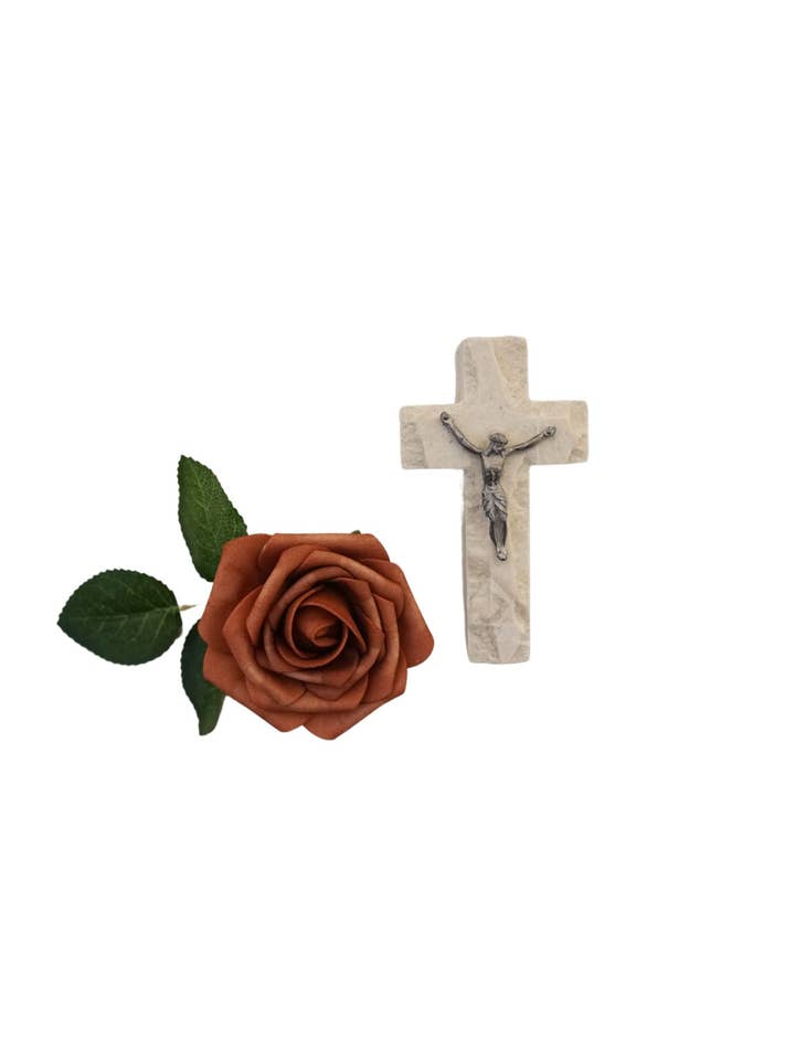 Jerusalem Stone Comfort Cross with Crucifix for wholesale by Holy Land Wood and Stone